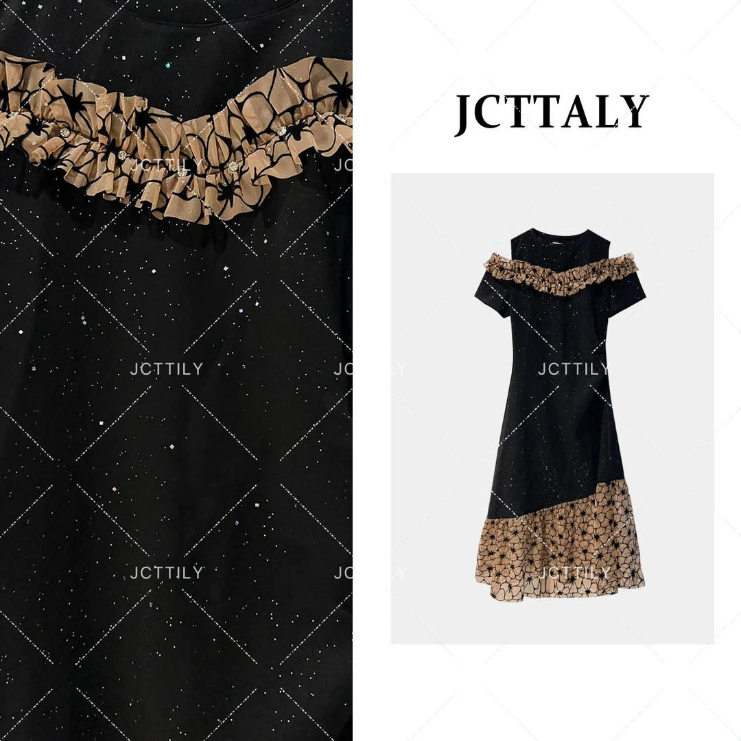 【茶茶】设计新款高级感镶钻显瘦M字收褶连衣裙JC-A2922蕾丝气质