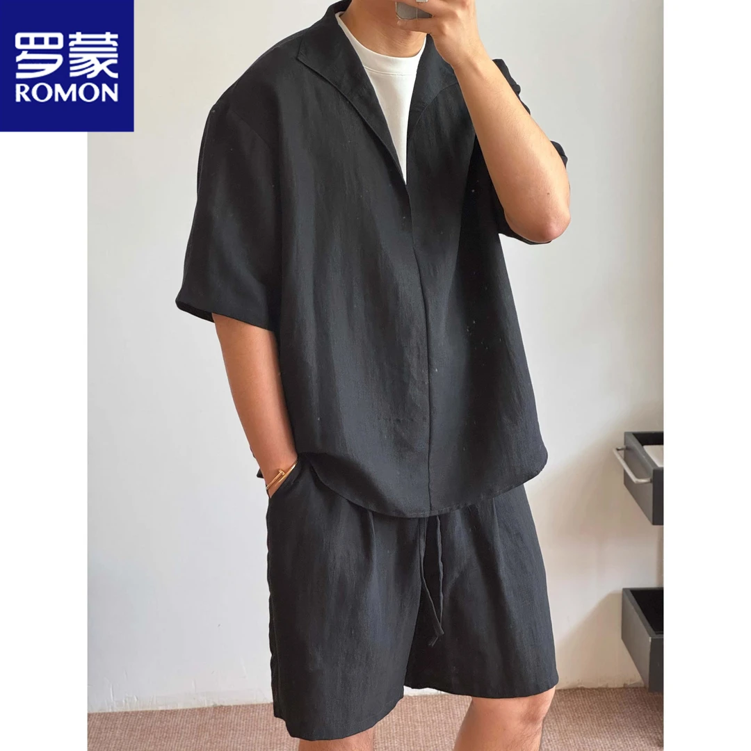 Romon/罗蒙【亚麻天丝两件套】老钱风亚麻莱赛尔短袖短裤假两件套装