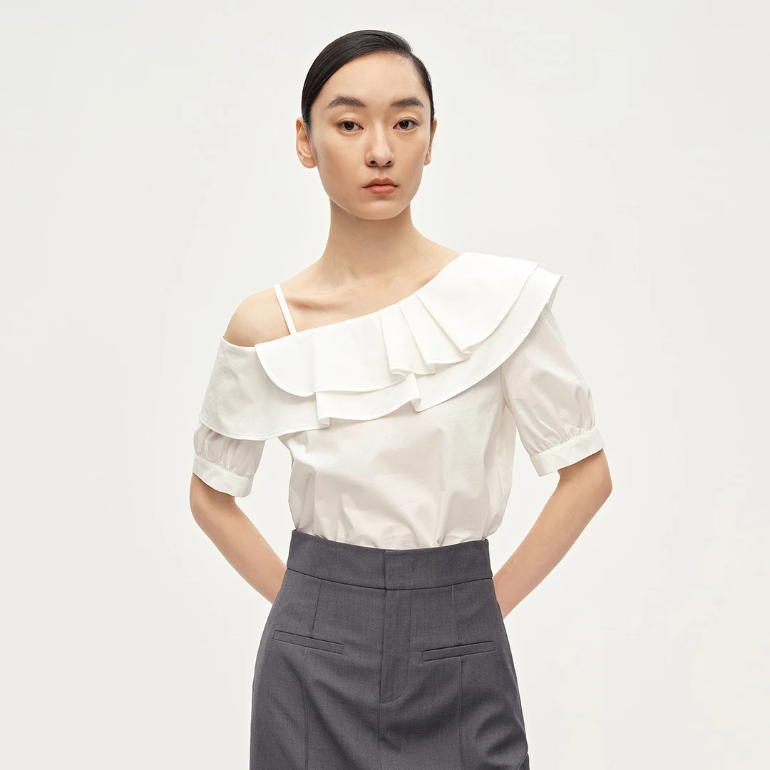 【达人专属】夏季新款T恤女不对称荷叶边设计时尚大气