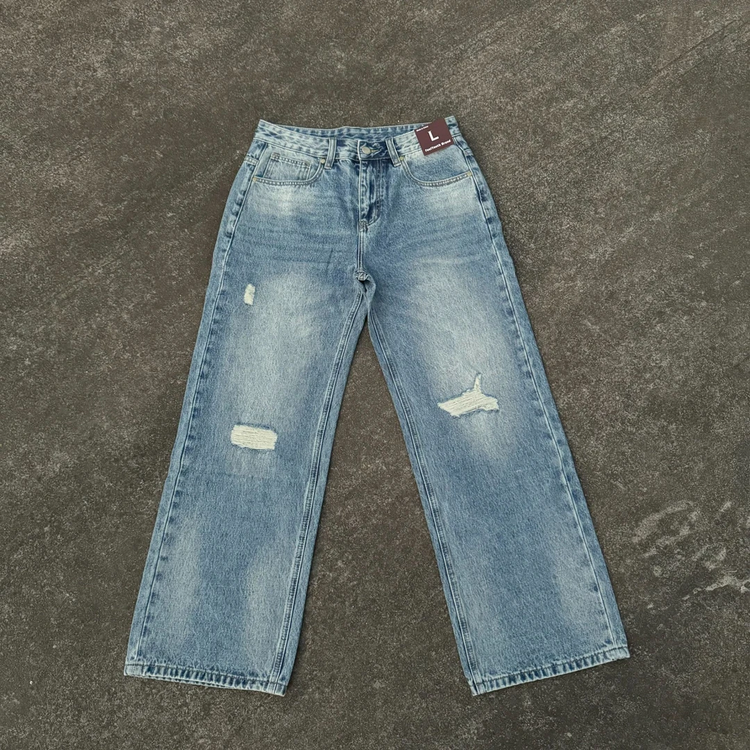 牛2021m宽松微喇冰川蓝牛破洞经典直筒磨破牛仔裤13盎司美式休闲