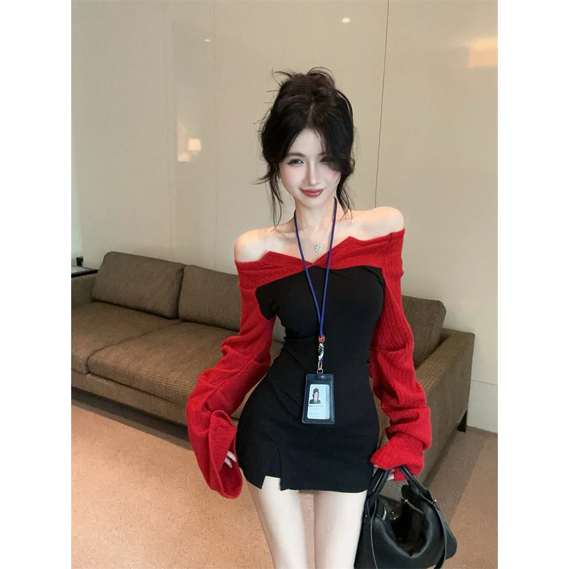 法式气质拼接撞色一字肩针织衫长袖甜辣风收腰紧身短款露肩上衣女