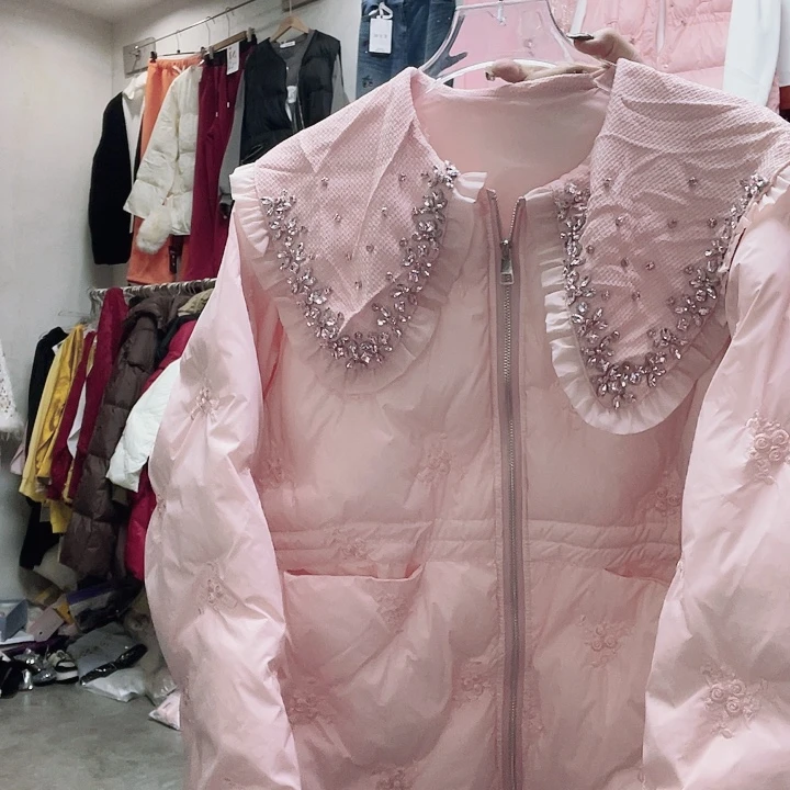 @***吖粉色4码砖石棉服搭配