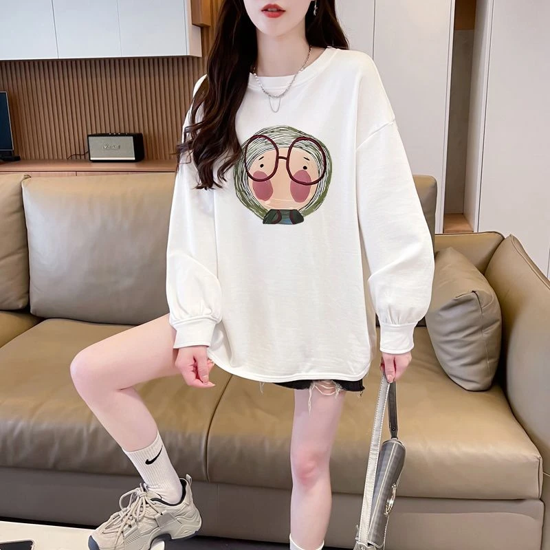 大码女装春秋薄款长袖t恤女中长款洋气减龄ins潮打底衫宽松上衣