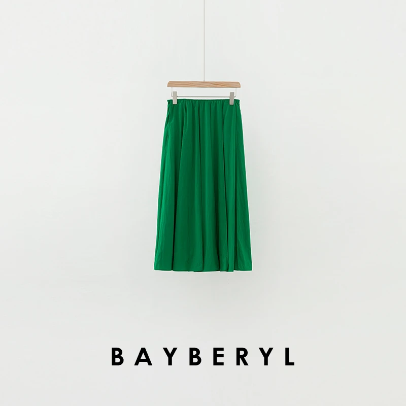 BAYBERYL老贝绿动心情*大摆褶皱松紧百搭25春半身裙YQ5A1502