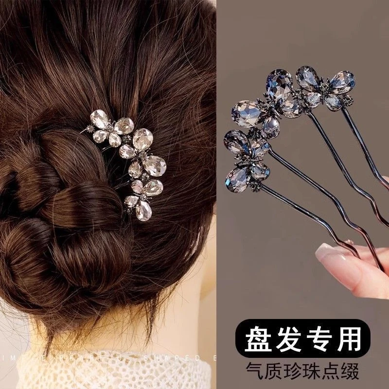 水钻蝴蝶波浪发梳法式气质优雅百搭后脑勺盘发神器簪子优雅发钗女