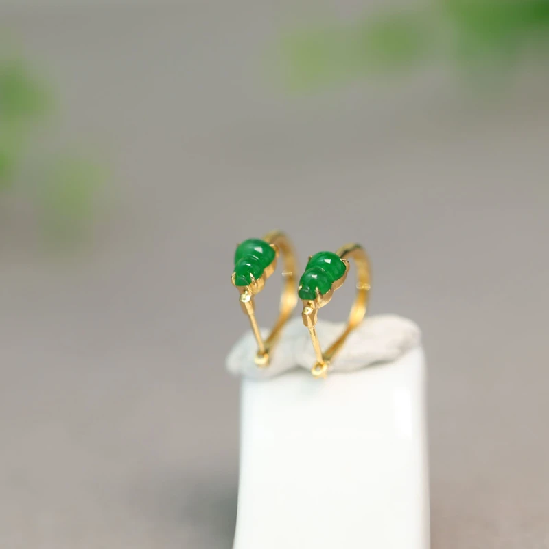 #H900 18K金镶嵌冰种满绿天然A货翡翠葫芦耳钉耳包耳拍耳扣款