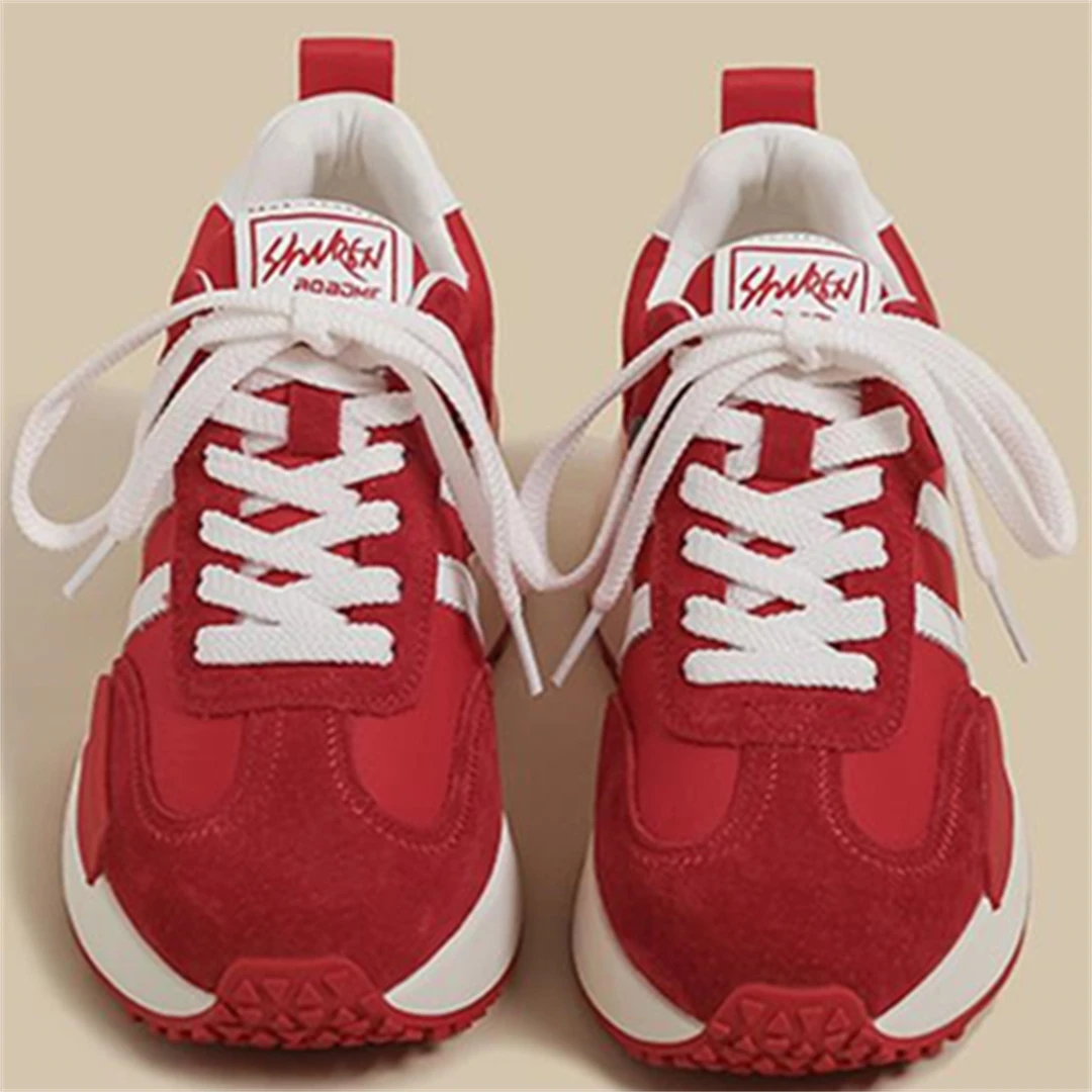 红色阿甘鞋女2025秋冬季新款复古小众加绒小码休闲运动德训老爹鞋