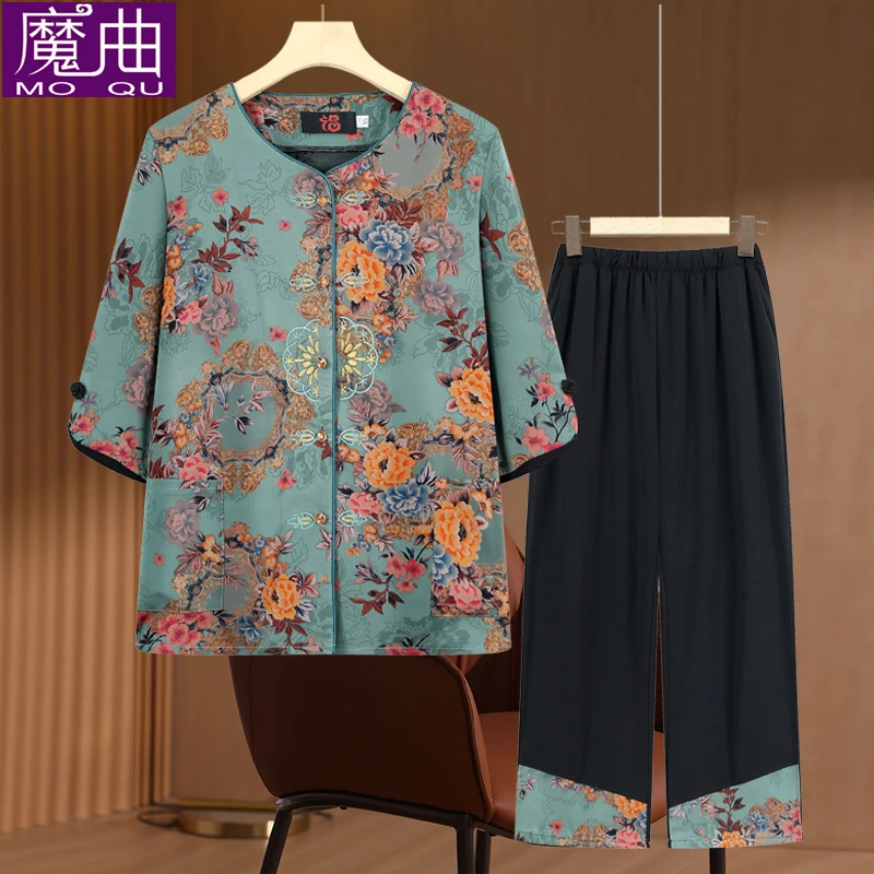 常熟新中式夏装开衫套装中老年女装妈妈中袖两件套老太太夏季衣服