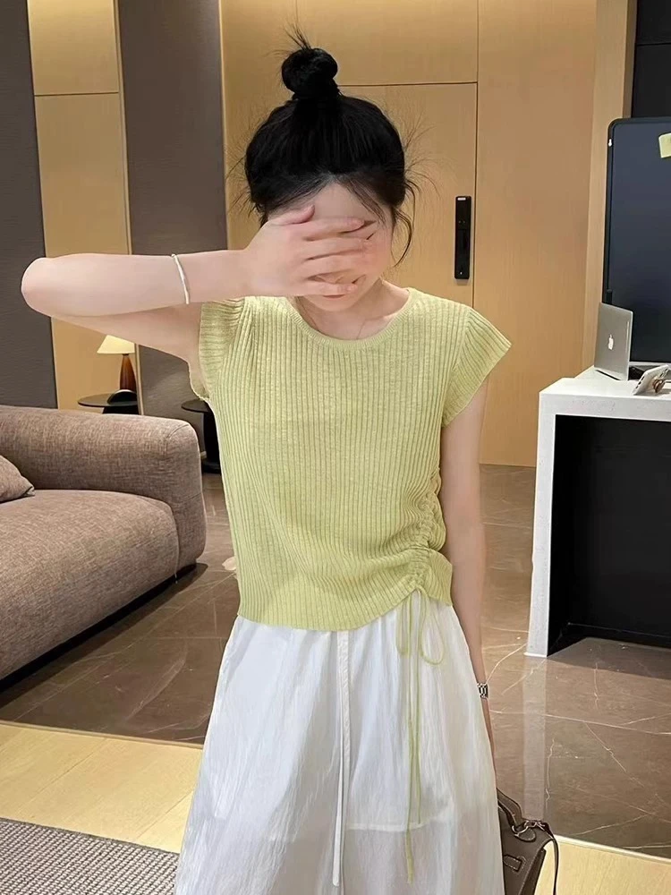 针织冰丝上衣女夏季韩版新款简约抽绳收腰独特显瘦短袖上衣女款