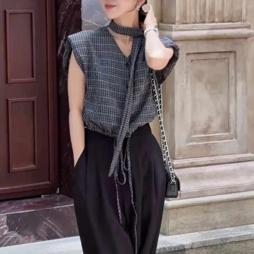 格子控in时尚飘带无袖上衣衬衫百搭洋气夏季