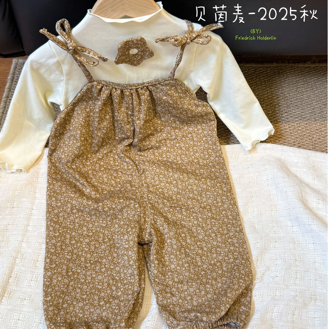 B.Y.WHEAT/贝茵麦秋新款单层女宝休闲碎花边分体闭档背带套装系带