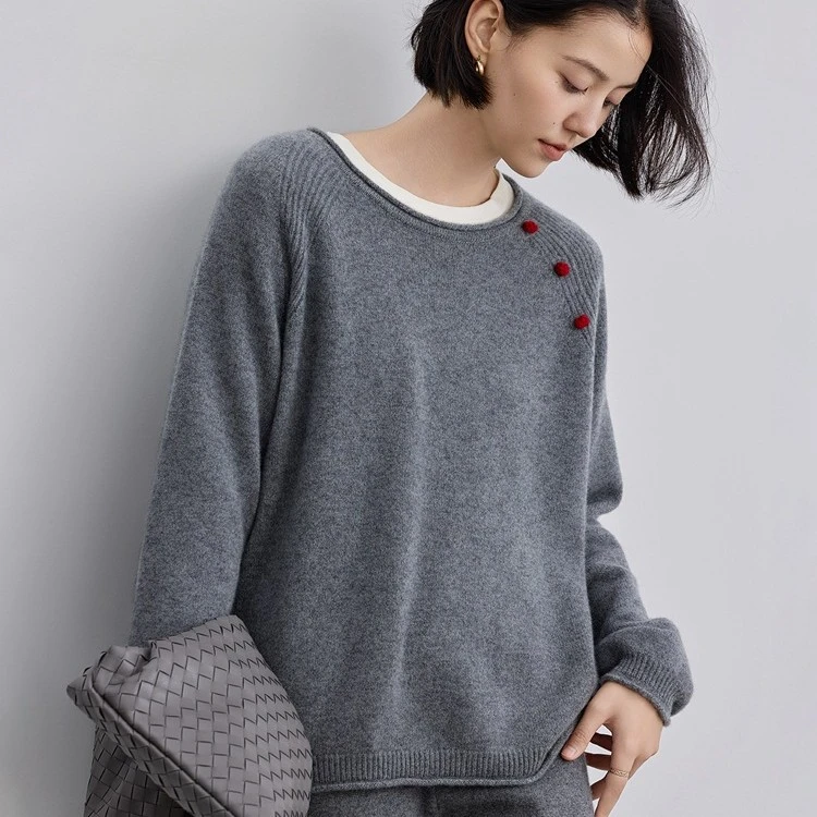 加厚针织宽松纯色羊绒衫秋冬新款100%纯山羊绒卷边圆领毛衣