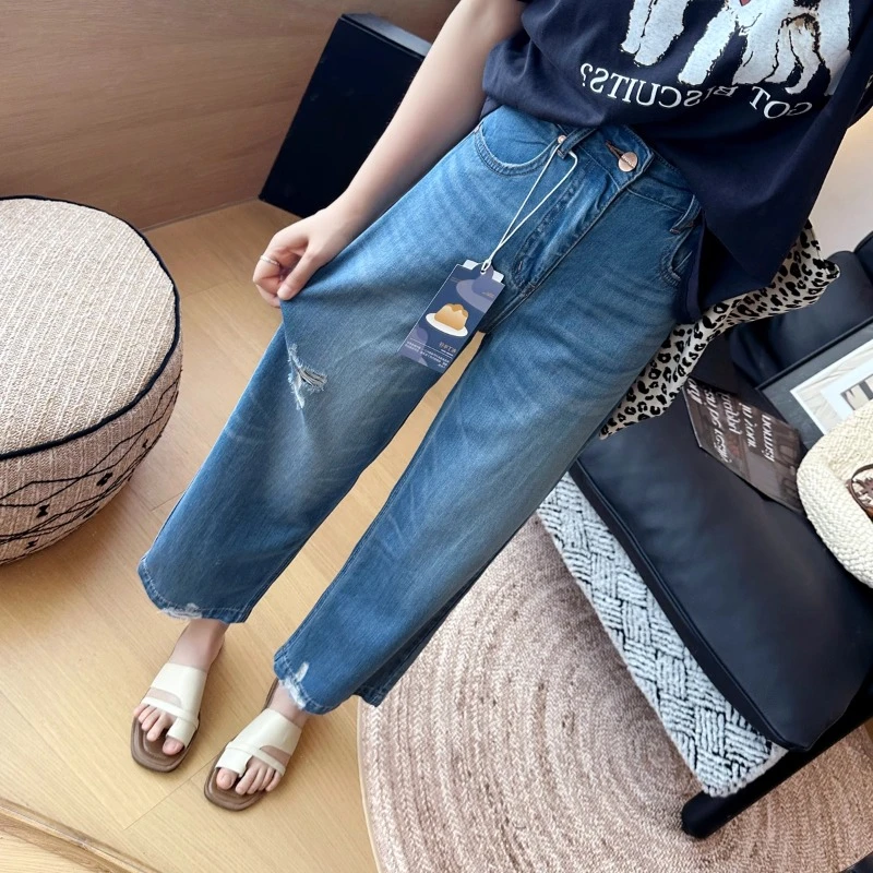 蓝色直筒显瘦宽松牛仔裤大码女夏薄款梨形身材高腰遮胯垂感九分裤