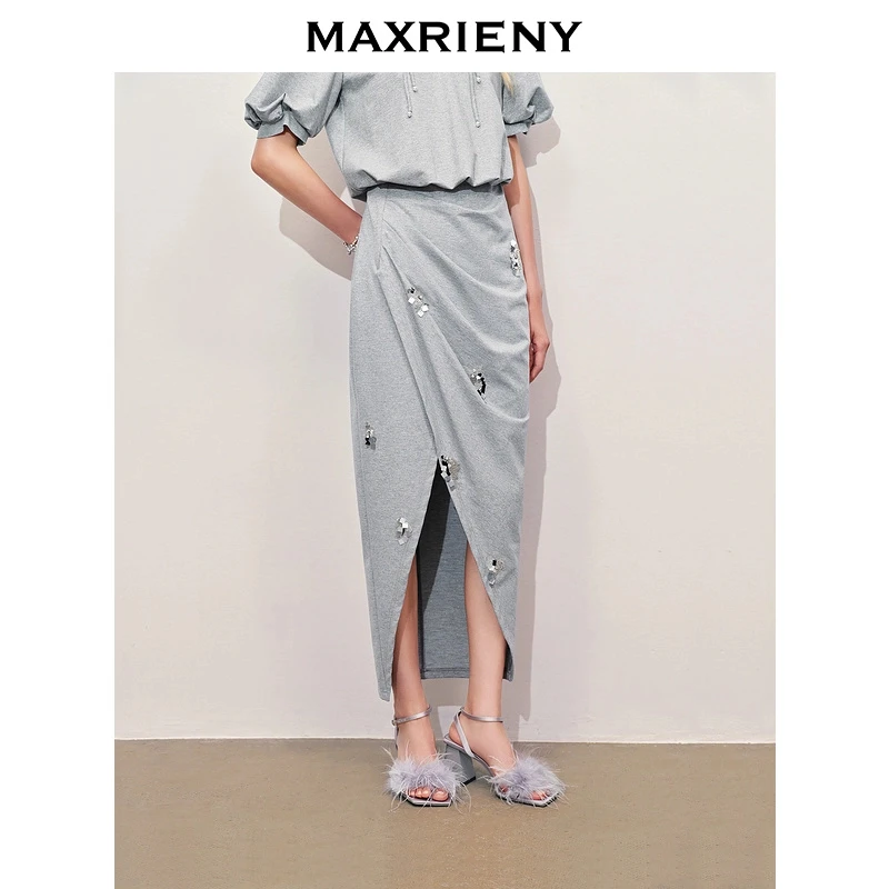 【陈大可专属】MAXRIENY休闲抽褶开衩半身裙高级气质感女装修身显瘦