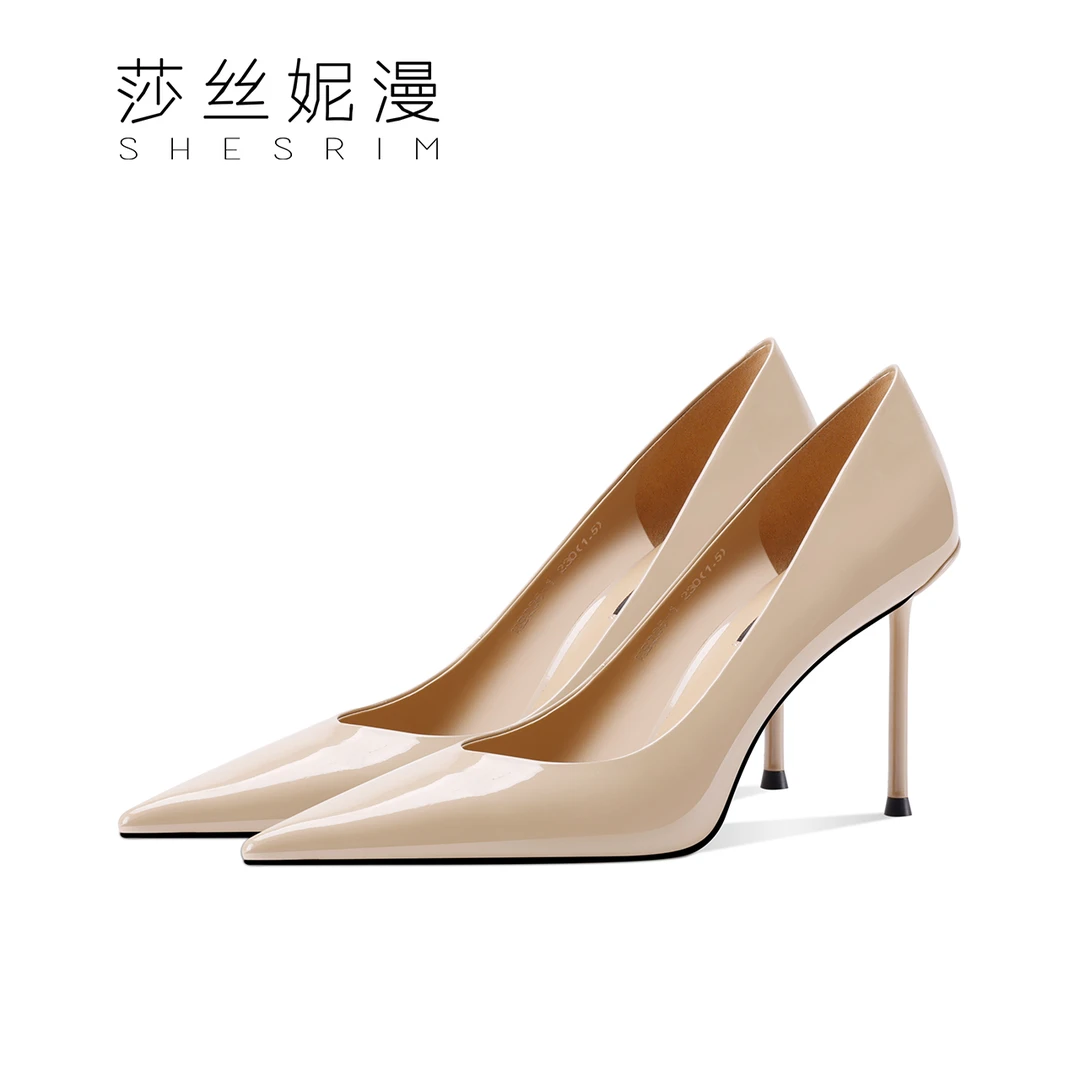 尖头首发气质细跟漆皮时尚2024浅口细高跟女款跟高杏色性感轻奢款