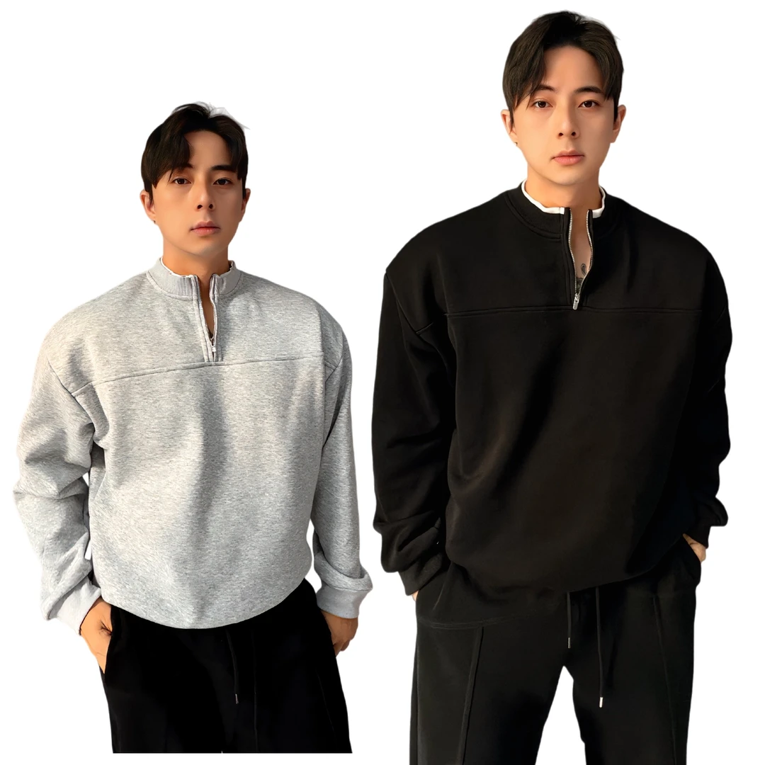 480g重磅假两件半拉链秋冬长袖套头圆领男装银狐绒落肩显壮卫衣