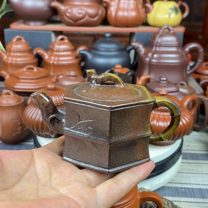 茶壶紫砂六方竹节200cc原矿老紫泥柴烧