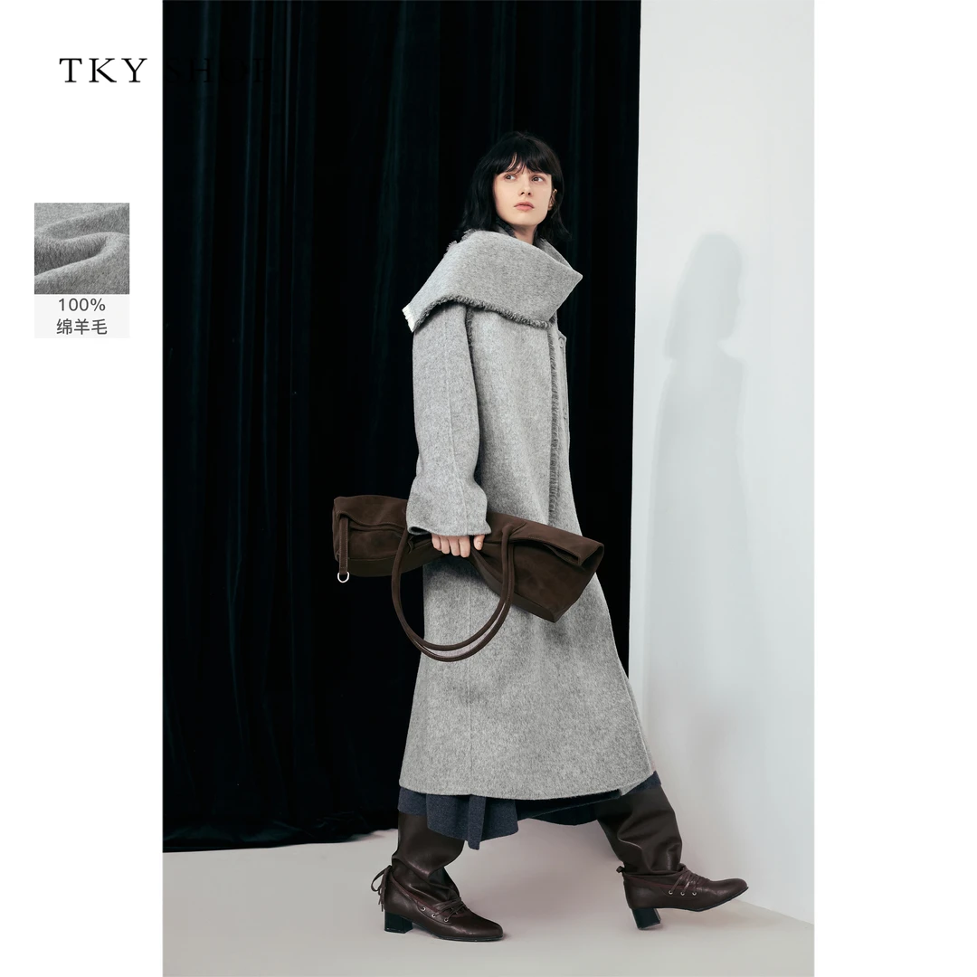 TKYSHOP贵华风长款全绵羊毛秋冬款大围巾领毛呢外套 10I1GA0OB005