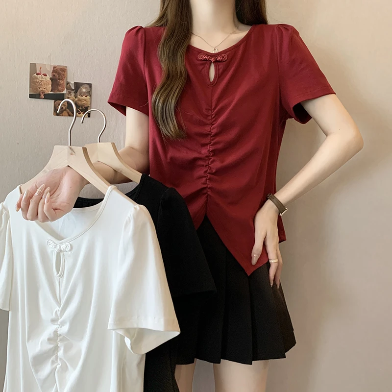2025夏装新款胖mm大码女气质显瘦新中式设计感不规则短袖T恤A0680