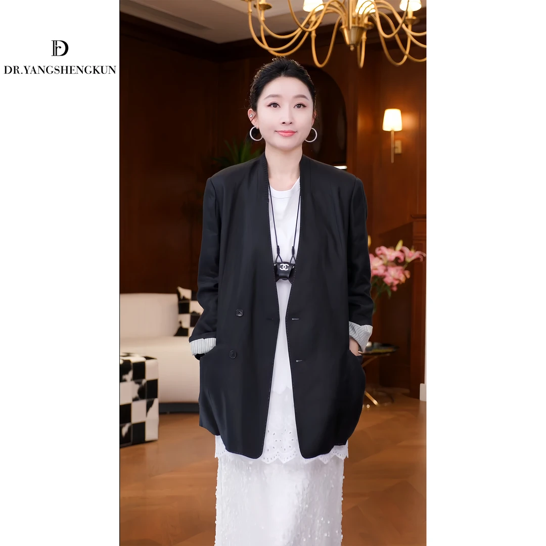 杨圣坤亚麻无领西装外套气质老钱风松弛高级感女装DR2502-1012