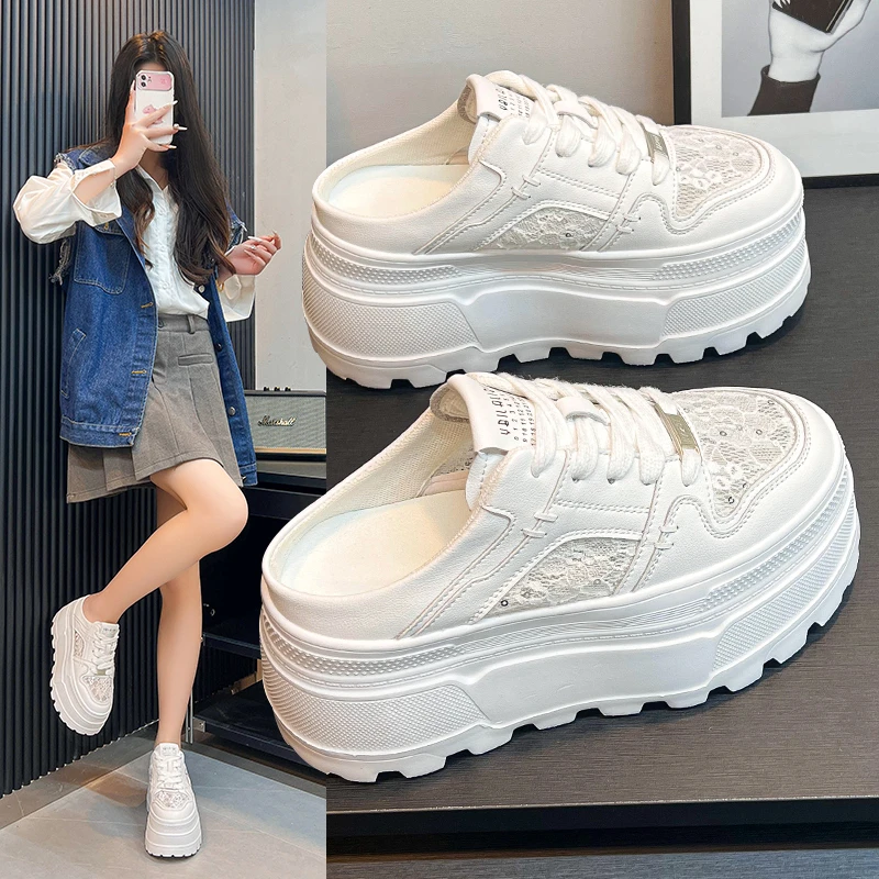 2025年夏季透气网面厚底增高小白鞋百搭高跟ins半托网红镂空韩版