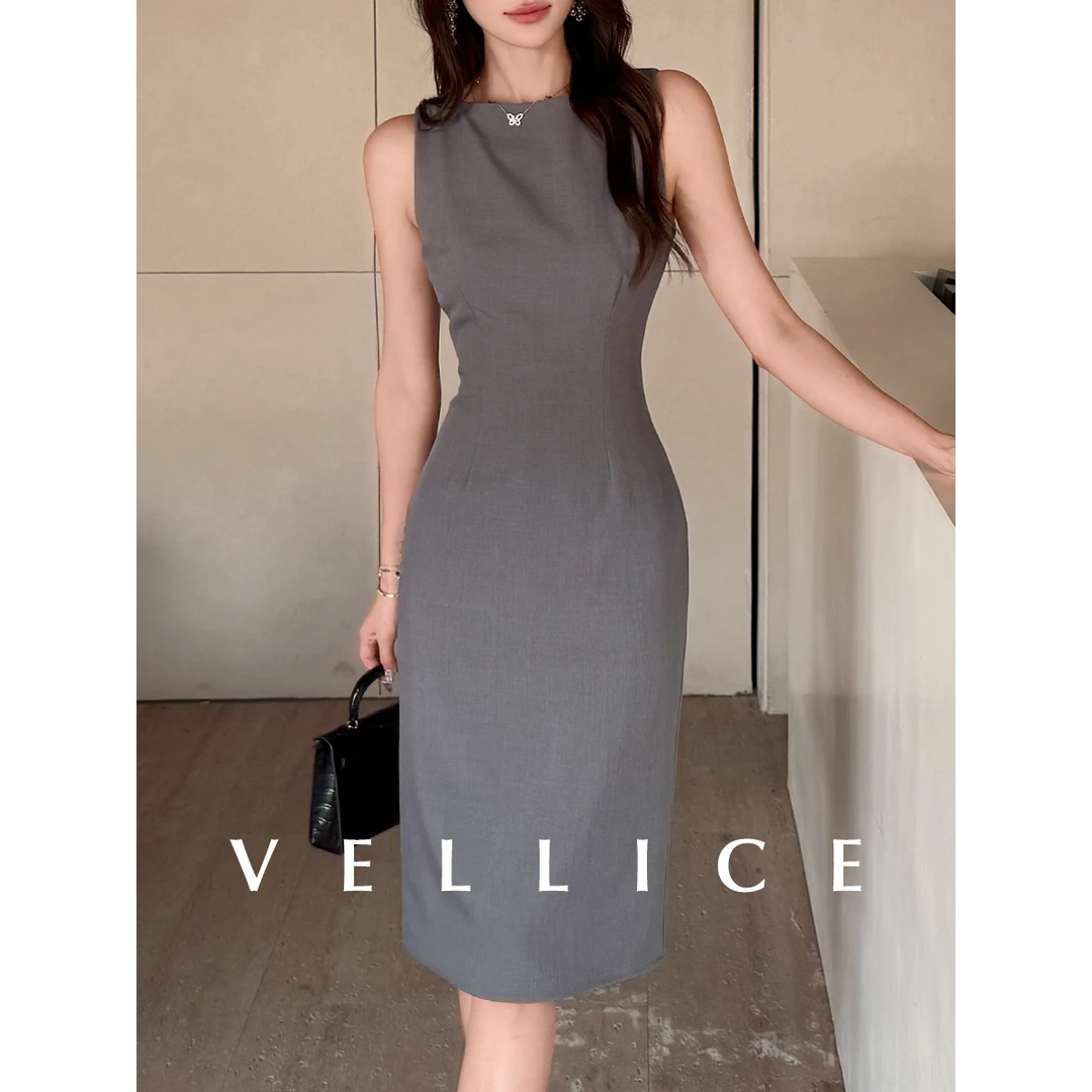 夏季气质收腰显瘦中长款灰色一字领无袖连衣裙通勤OL包臀直筒裙女