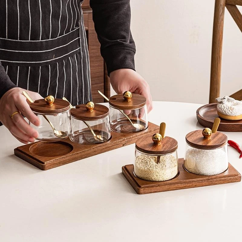 优品实木高级感轻奢玻璃调料罐套装家用厨房盐罐辣椒调料品调味盒
