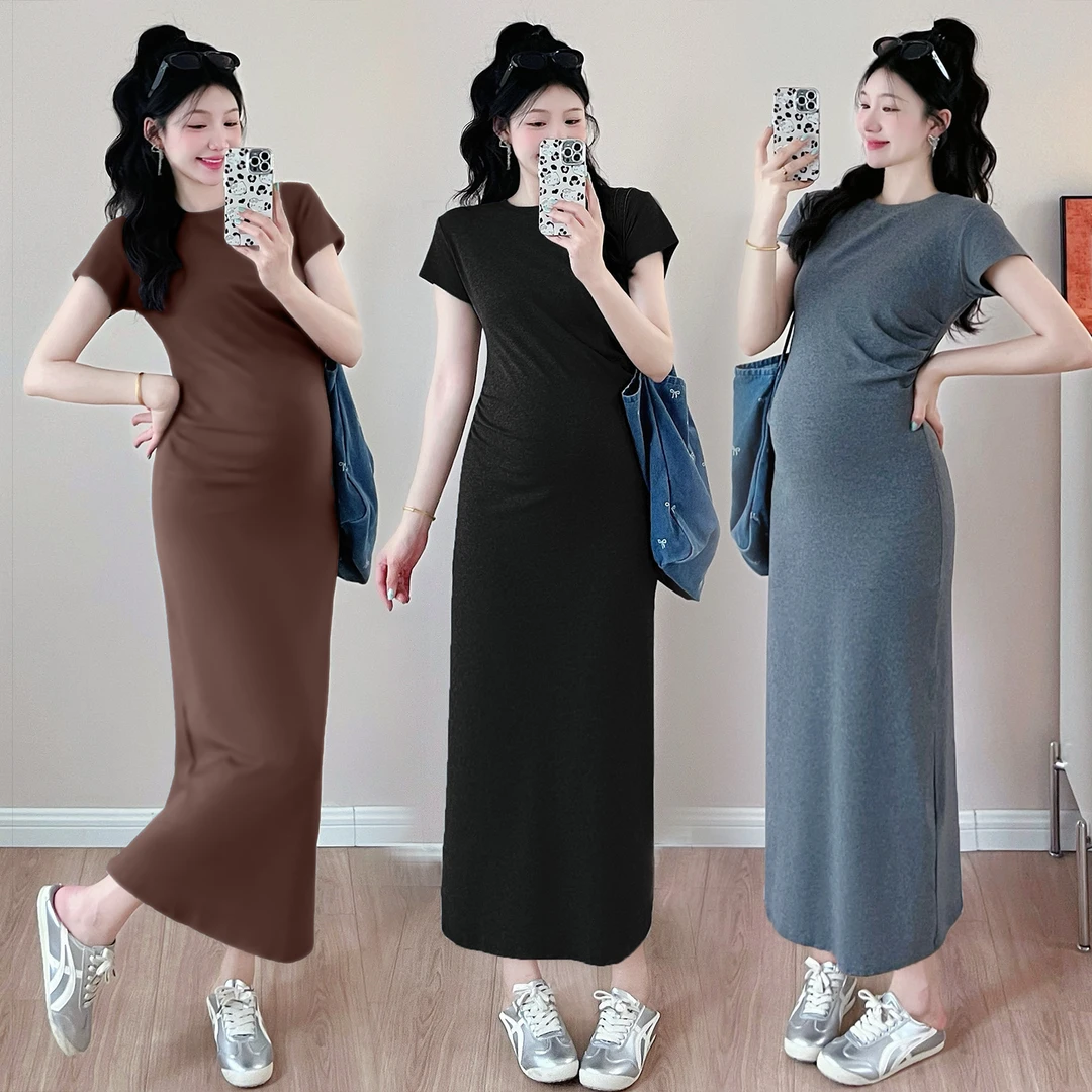 孕妇装夏季2025新款褶皱修身显瘦连衣裙夏装短袖T恤裙中长辣妈装