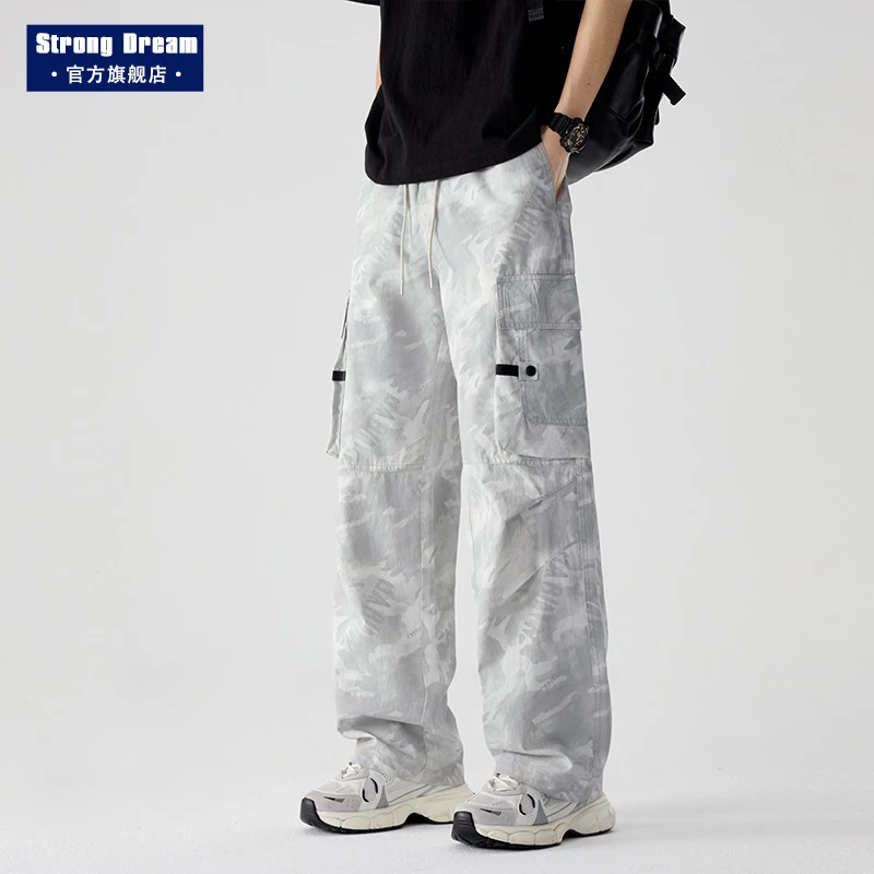 工装裤男生潮牌高街抽绳多口袋户外冲锋裤扎染水洗迷彩休闲长裤子