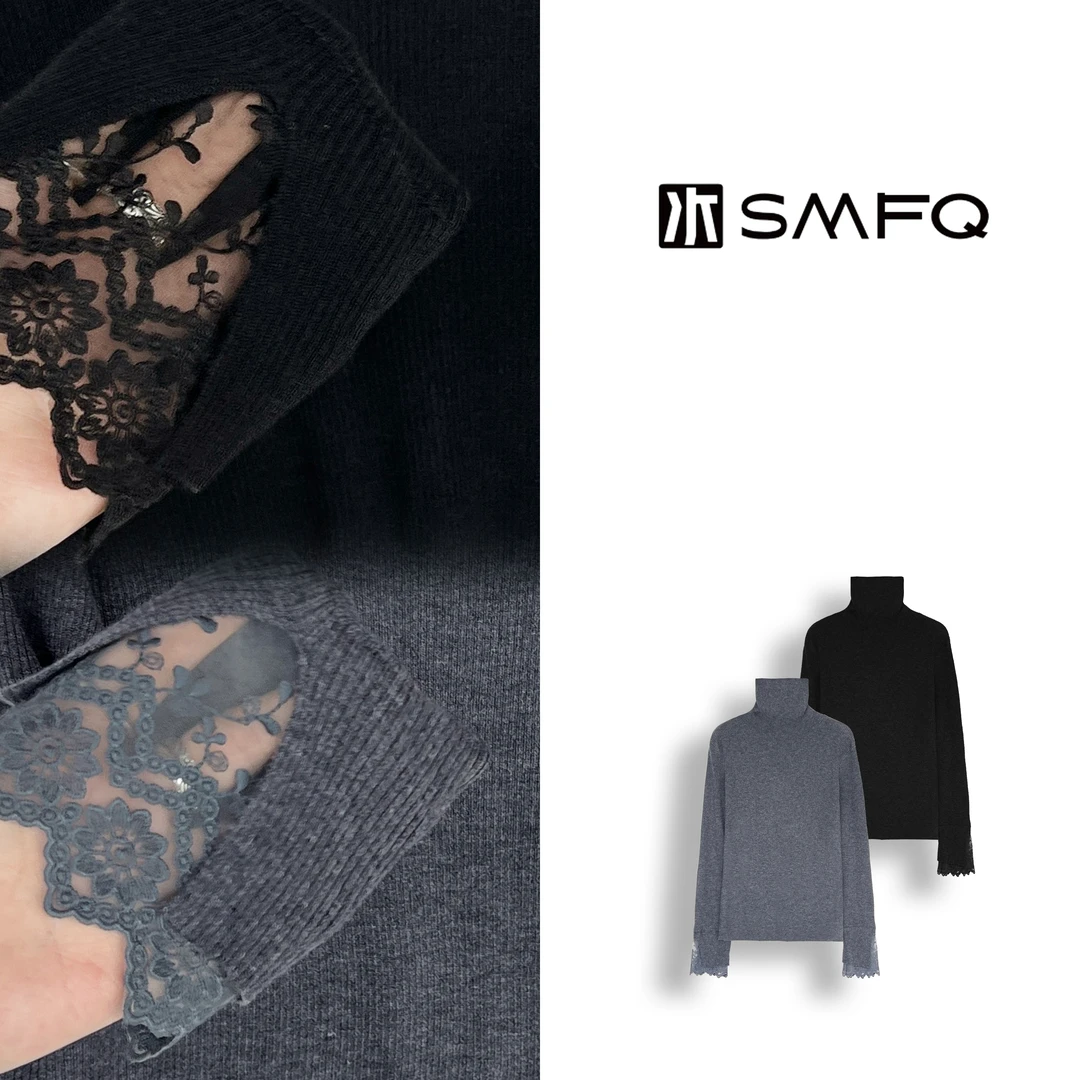 水木夫妻“细腻衔接”精工羊毛蕾丝拼接高领针织毛衣上衣SM5734