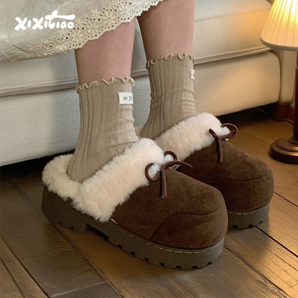 细细条 韩系蝴蝶结厚底加绒勃肯包头拖鞋女冬增高休闲防滑棉拖鞋