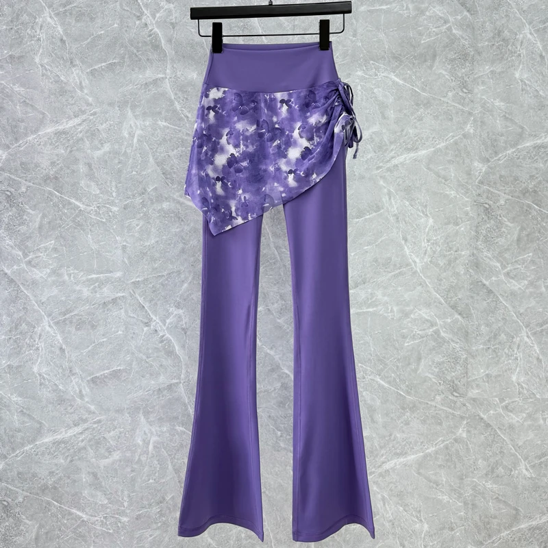 假两件瑜伽裤女微喇叭时尚印花弹力紧身速干专业训练运动遮挡裙裤