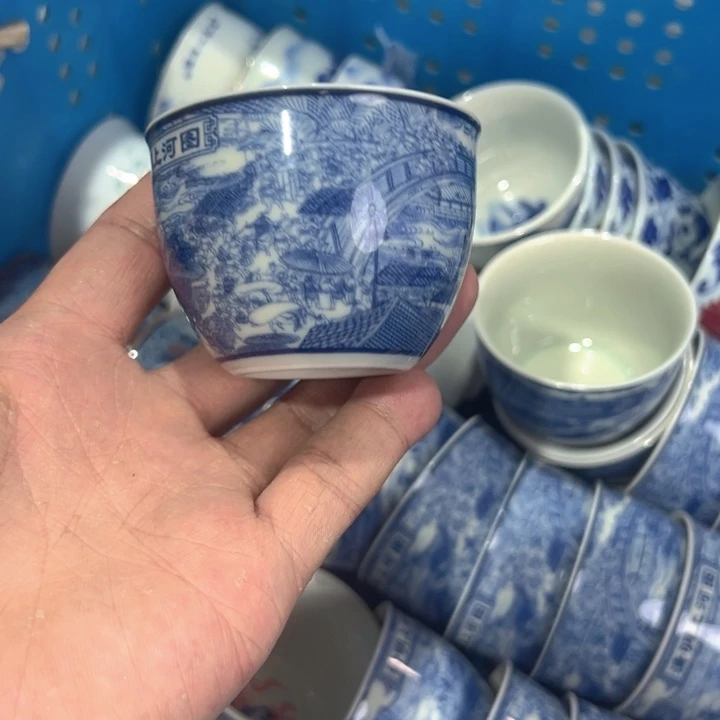 马***功瓷片白青花清明上河图客杯全品
