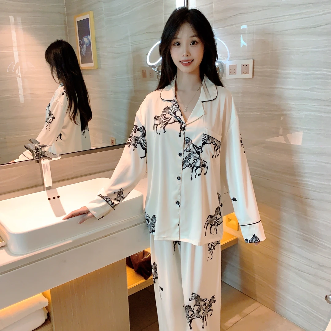 2025春秋冰雪丝小翻领斑马印花女士薄款家居服宽松两件套