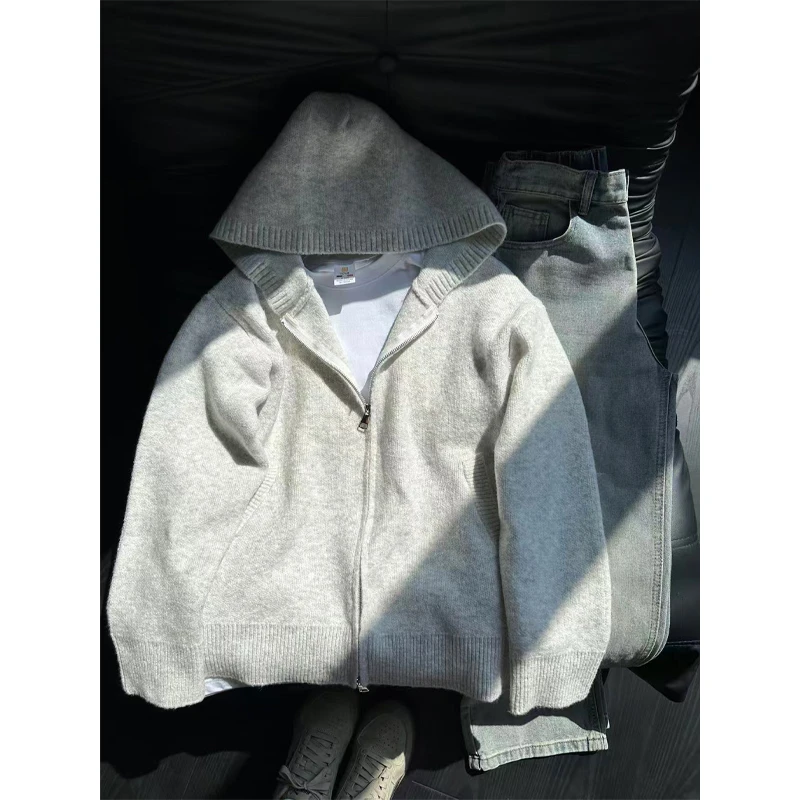 cleanfit白花灰双拉链连帽针织卫衣男秋季慵懒风宽松学院毛衣外套