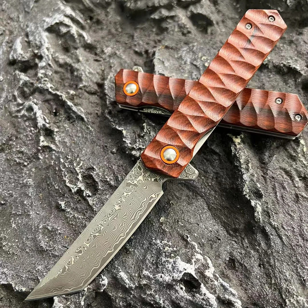 【红绫】 大马士革钢夹VG10钢芯-红檀木柄户外EDC口袋折