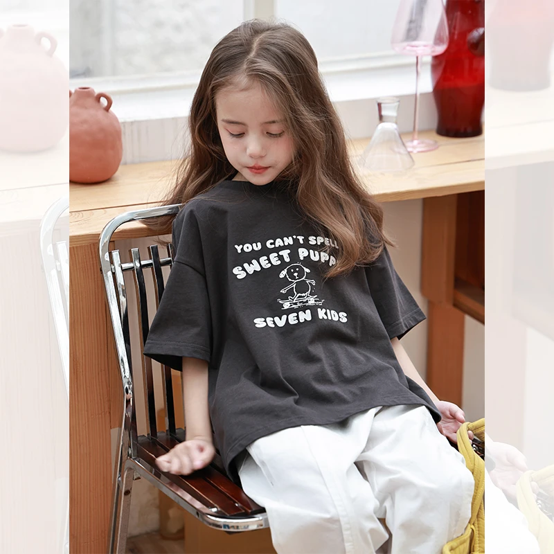 SKA2566女童韩版简约字母短袖T恤春装新款原创印花休闲上衣潮