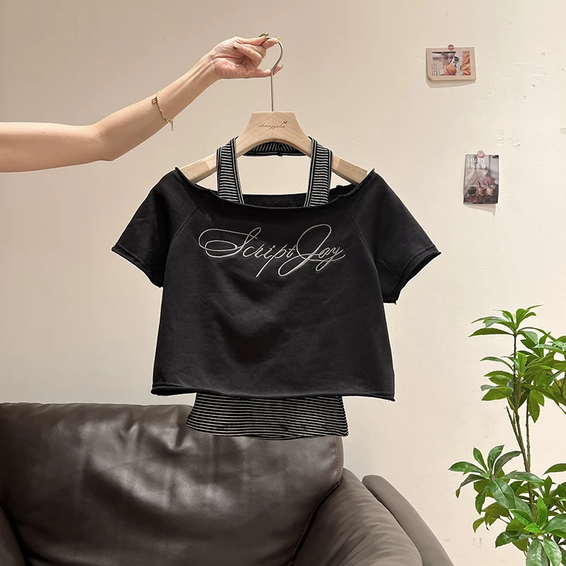 两件套不规则流须毛边条纹斜肩短袖吊带小上衣女2026夏季