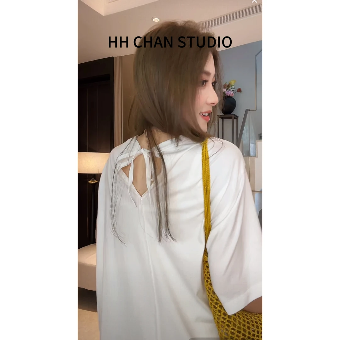 HH.CHAN“白白心机”100%棉卡芬新款纽结宽松白色短袖HH52D36316