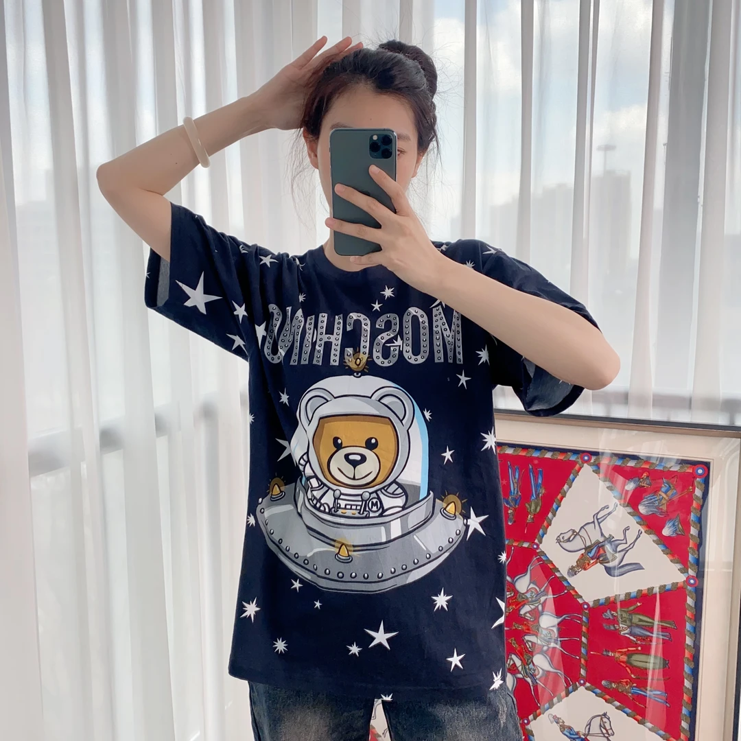 95新 Moschino/莫斯奇诺 麦殿/纯棉T恤均码黑色/241222JCH8X35