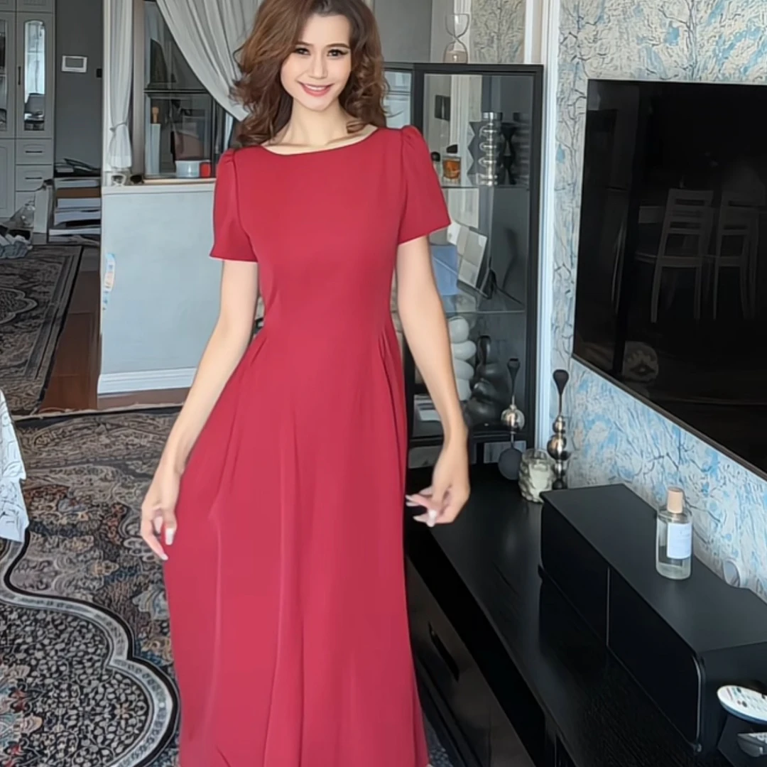 法式红色短袖气质显瘦连衣裙（达）