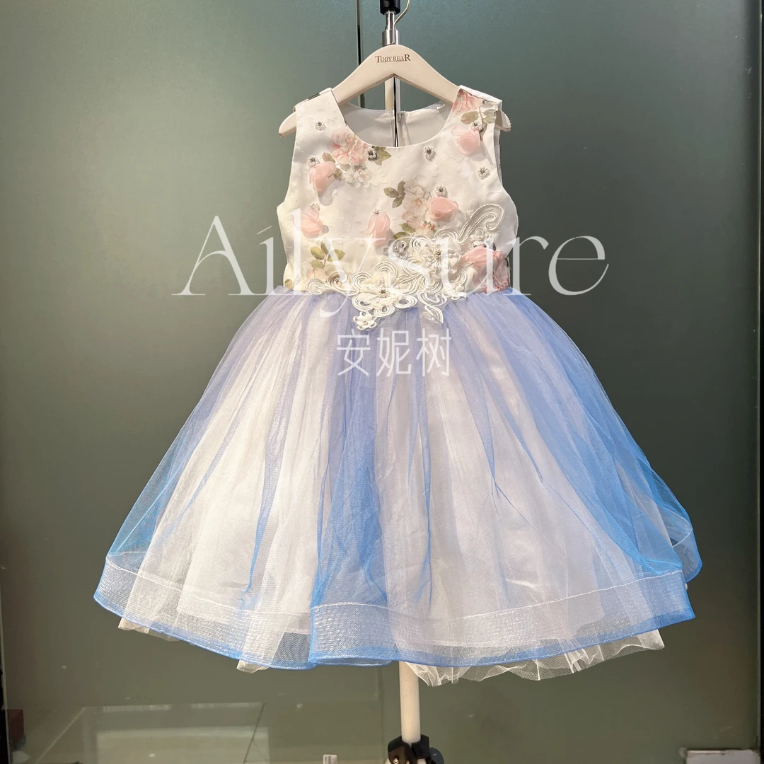 出口原单女童蓬蓬纱渐变手工花公主连衣裙儿童钢琴表演生日礼服