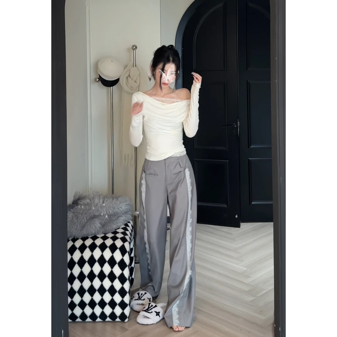 孙妍新款【欲拽蕾丝裤】复古设计感高腰蕾丝花边拼接宽松西装阔腿