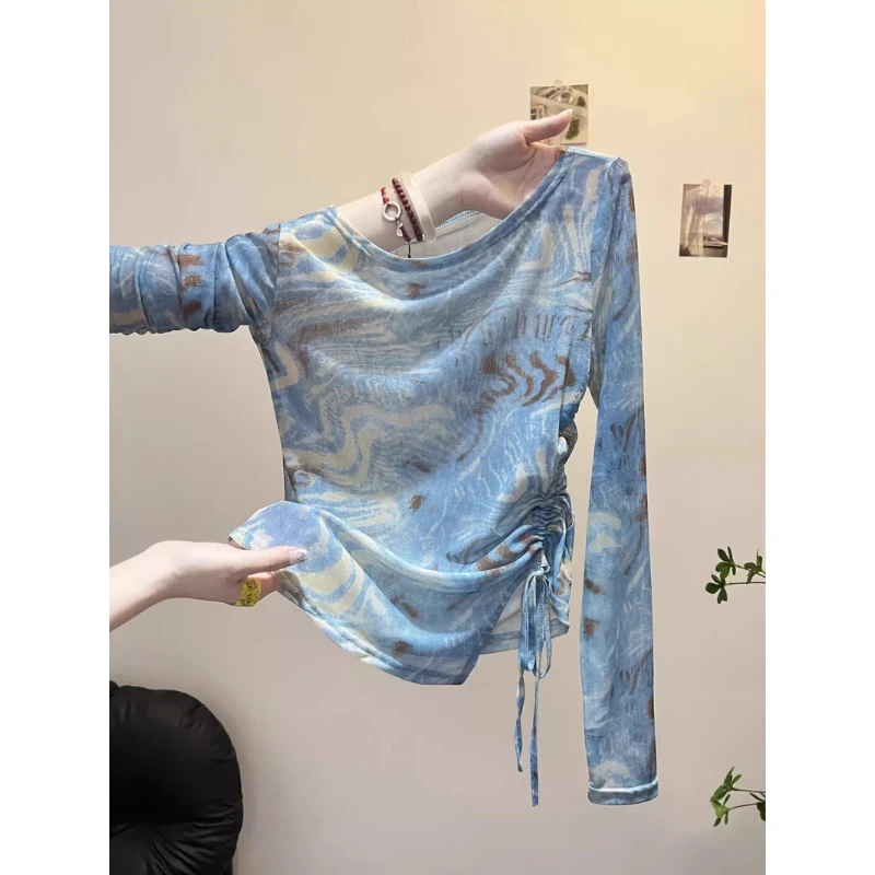 芯娇晴千禧风复古扎染网纱防晒衫夏季度假不规则抽绳长袖上衣T恤