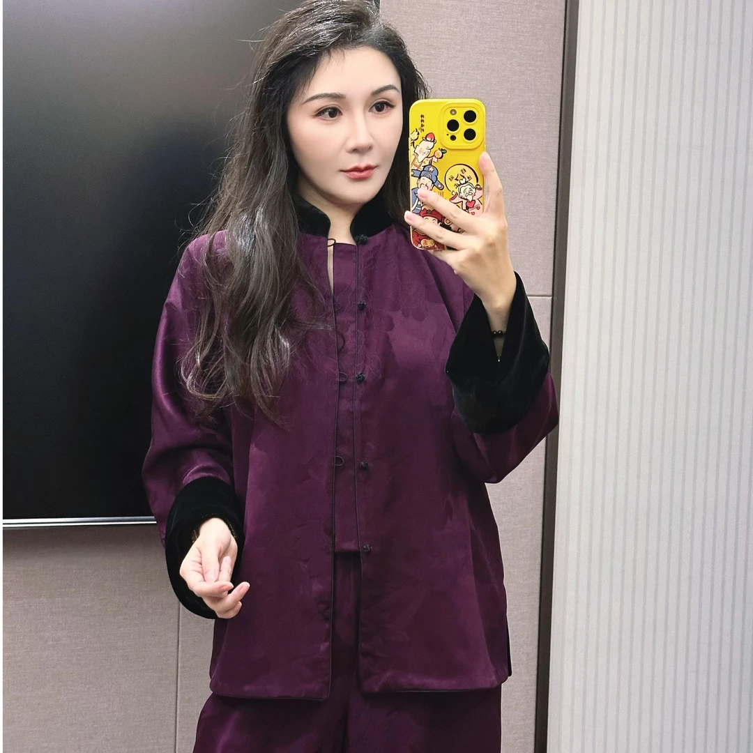 月下微凉 |紫鸢花影40姆米重缎香云纱新中式双面双穿上衣外套