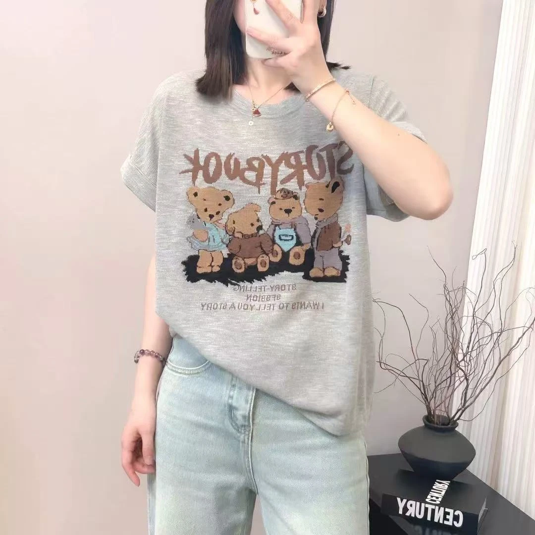 2025夏季新款卡通小熊短袖女装上衣圆领时尚显瘦T恤女
