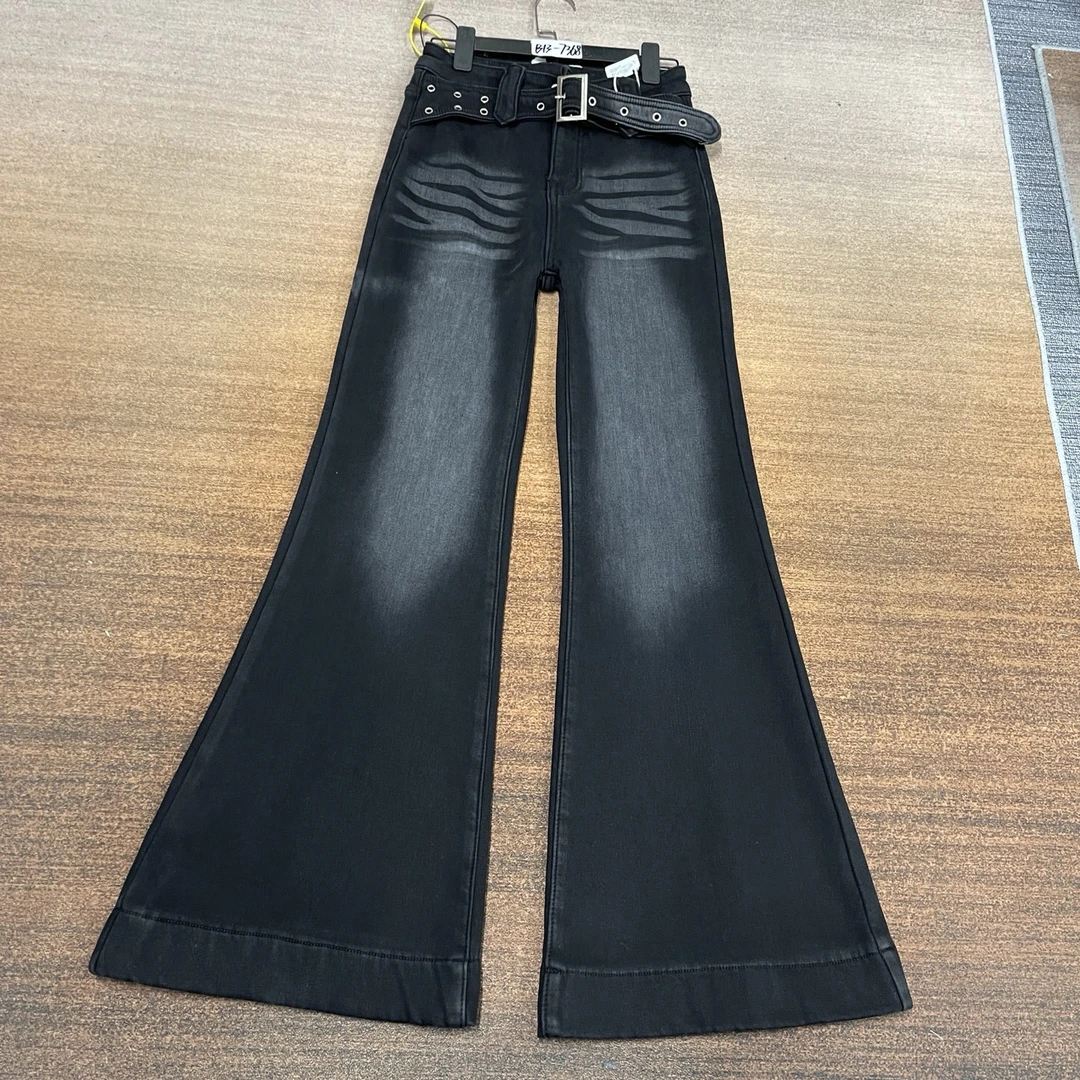 #B13-7368 加绒-厚绒 黑色腰带款不贴腿大喇叭裤 高弹（不换退）