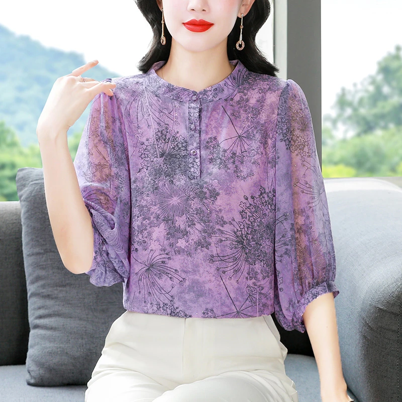 轻奢高级感紫色七分袖雪纺衫女夏装新款宽松显瘦小衫洋气妈妈上衣