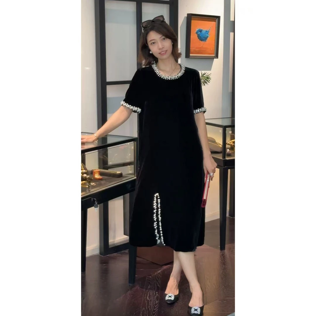 EV.【星语垂珠】100%桑蚕丝绒黑色带钻亮片刺绣显瘦连衣裙EVZZ0689