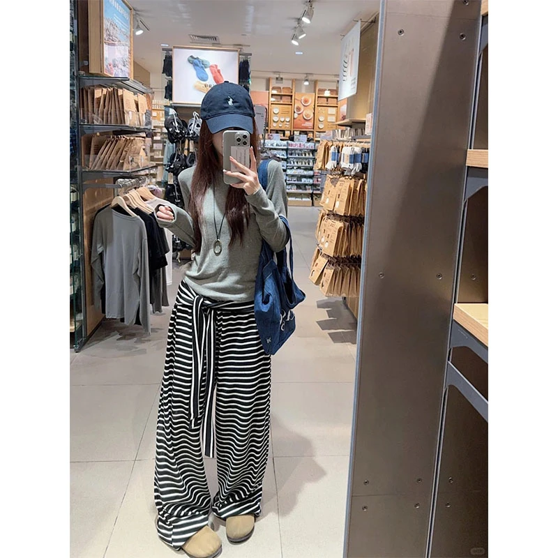 小众设计款慵懒风修身显瘦圆领长袖上衣秋季款休闲条纹宽松长裤女